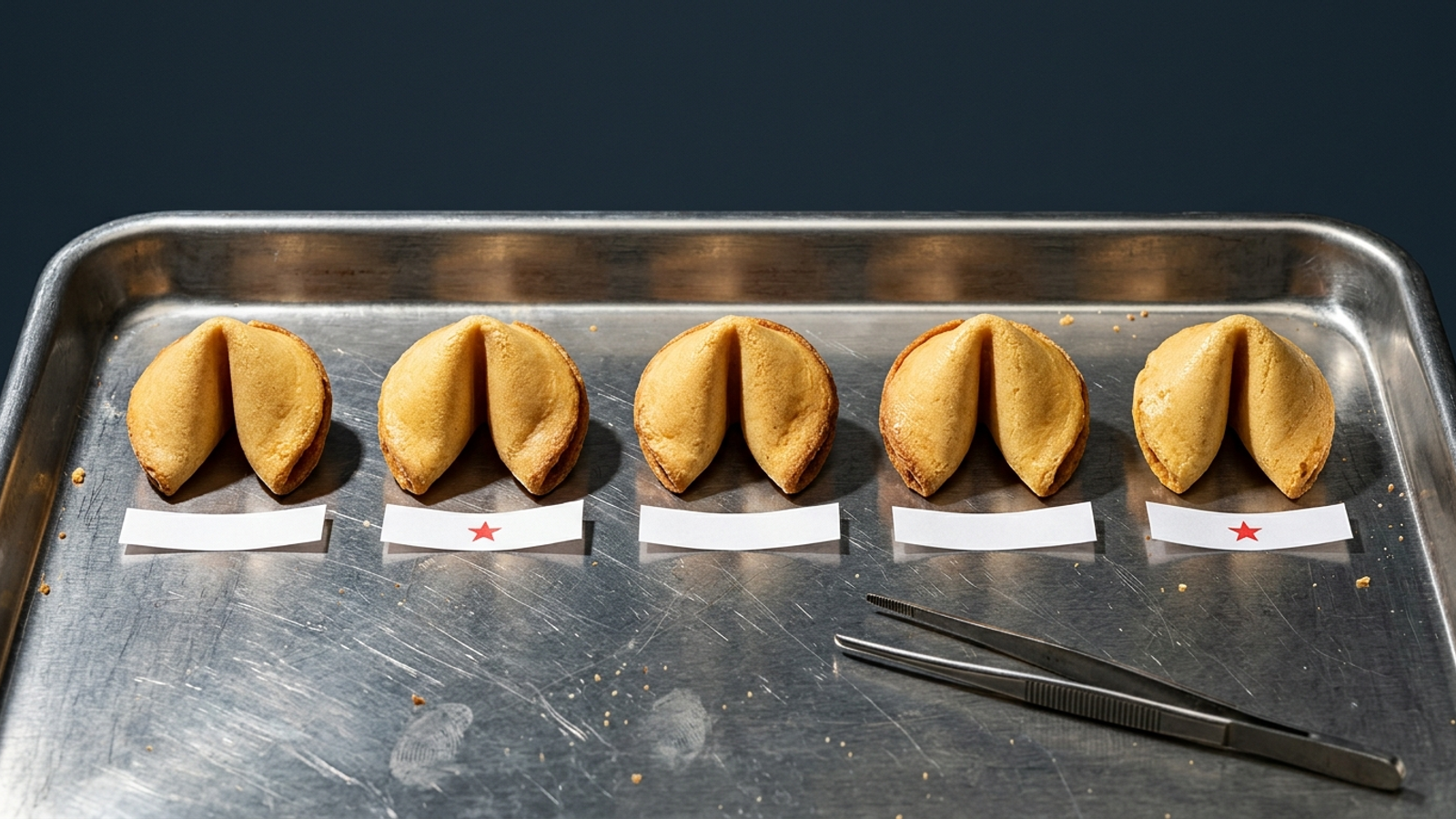 Five identical cracked fortune cookies in a row, only two slips marked with a red star: the same question gives different answers each time.