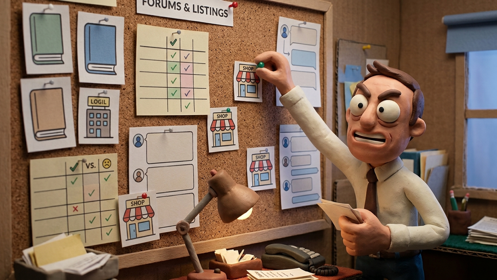 Claymation small-business owner pinning third-party mentions onto a wall of directories