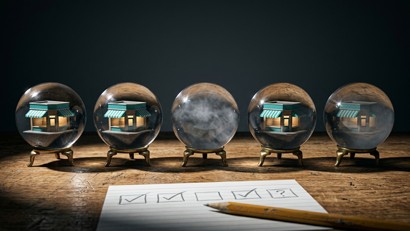 Five identical crystal balls hold the same tiny shop, but it vanishes in one and fades in another, beside a tick sheet tracking the inconsistent answers.