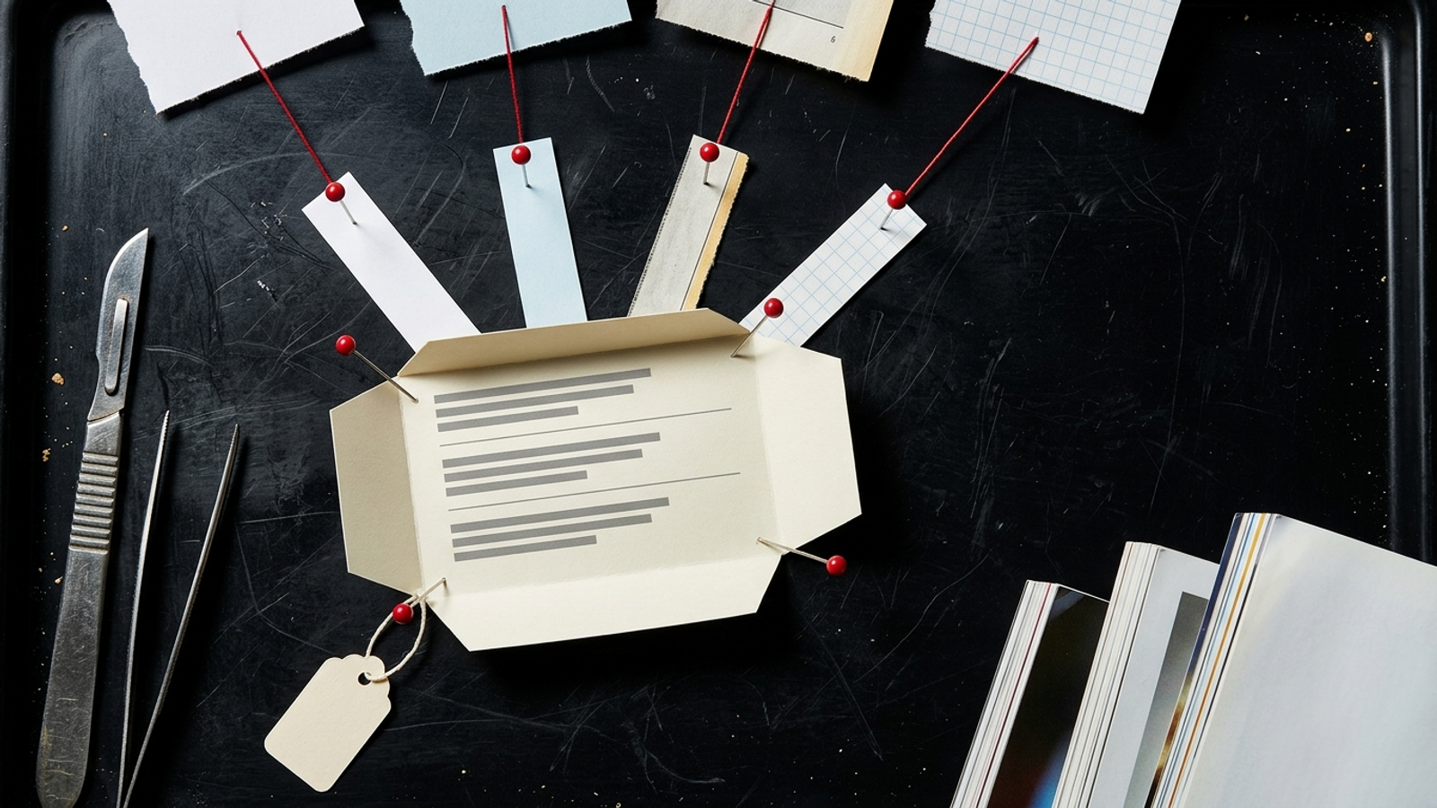 An answer card pinned open on a dissection tray, its four snipped passages threaded to sources while glossy unpinned pages sit ignored
