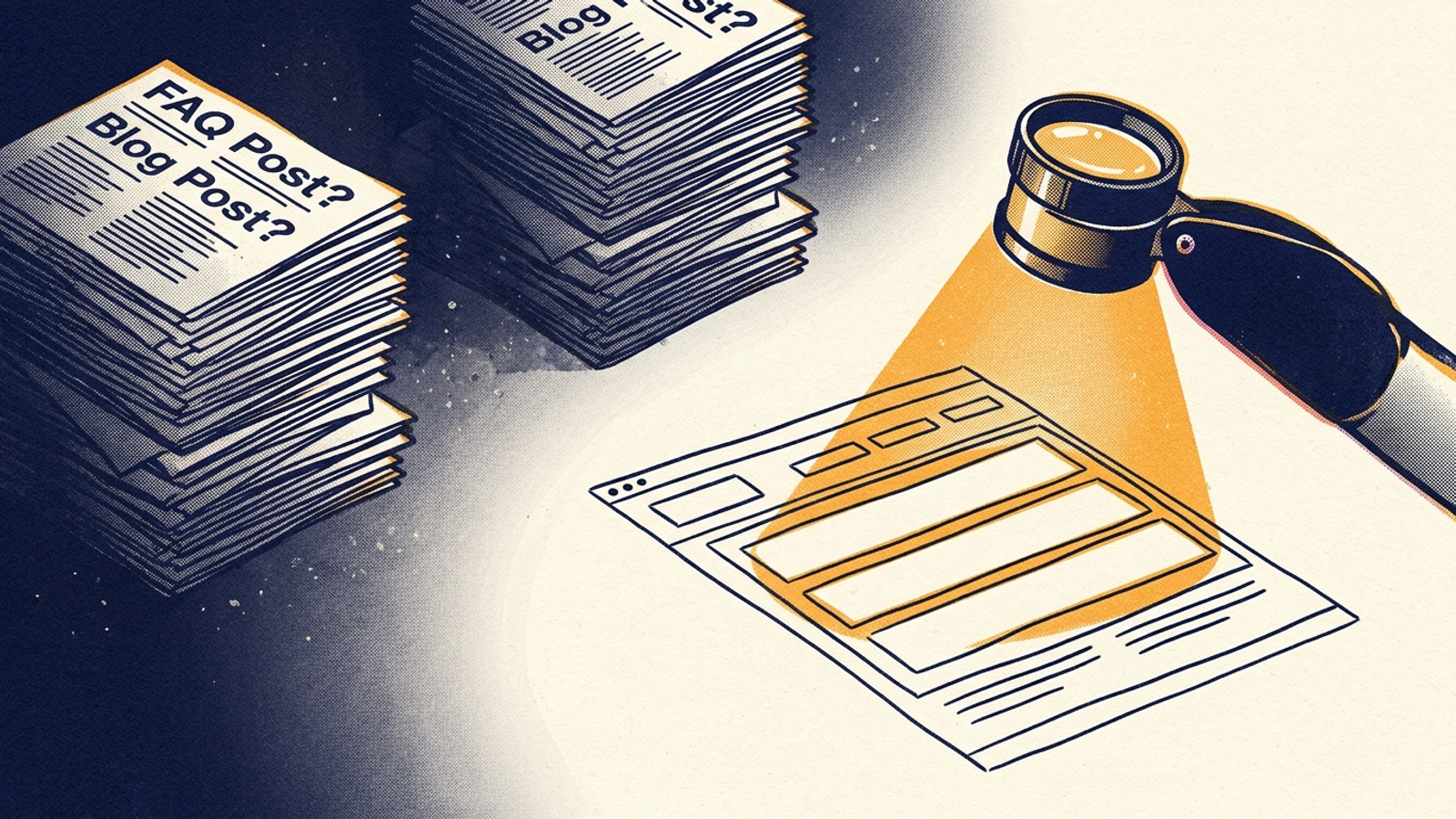 An AI search assistant scanning a structured homepage while stacks of generic blog posts sit in shadow.