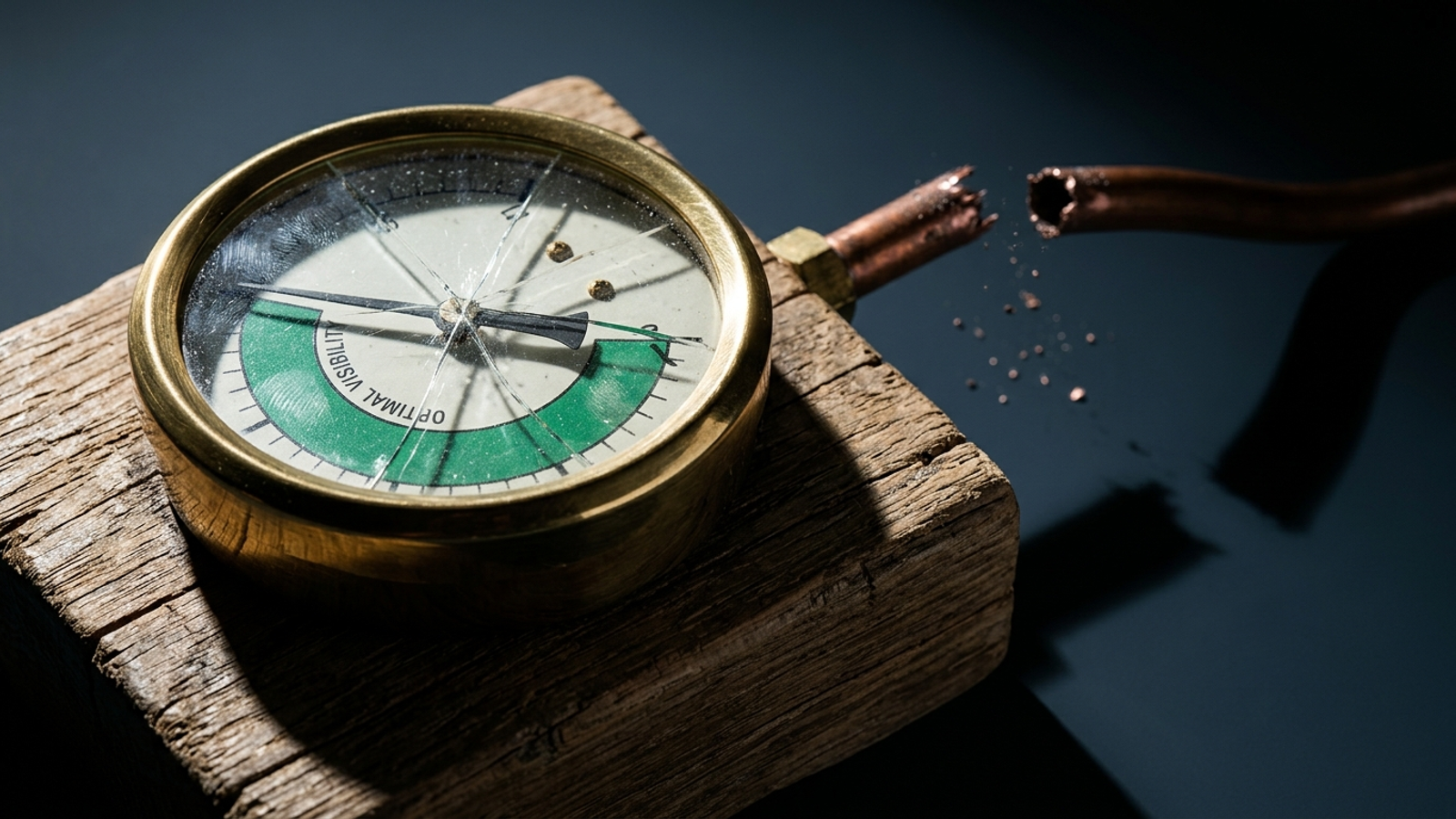 An ornate brass gauge shows a perfect reading while its input pipe is visibly cut.