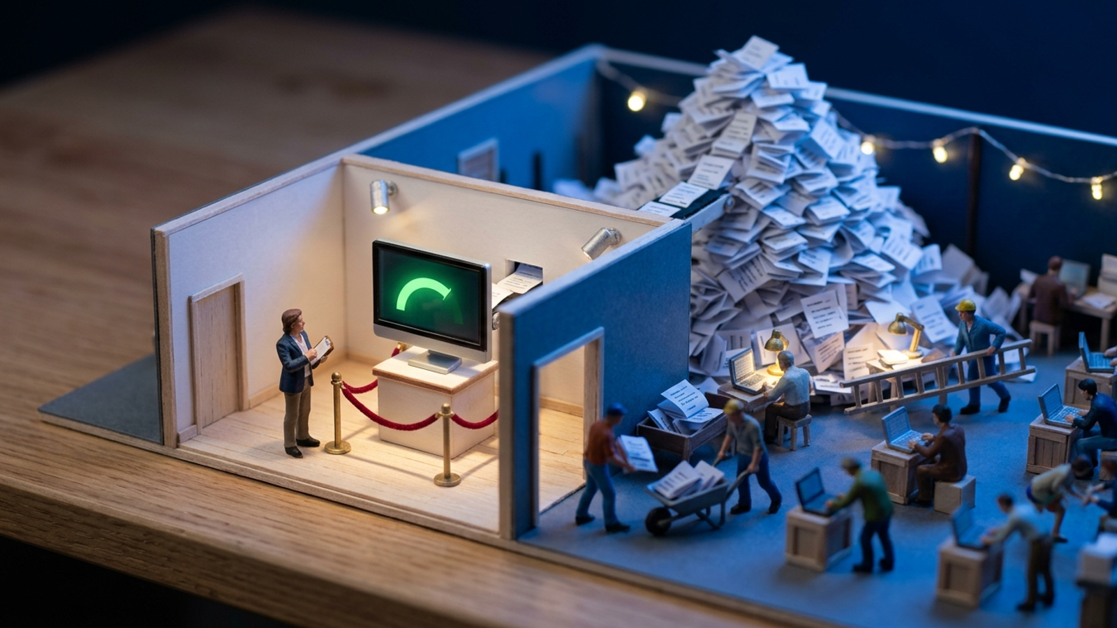 Tabletop model of an agency: a spotlit dashboard on a pedestal out front, while tiny workers toil all night behind it under a mountain of paper task slips.