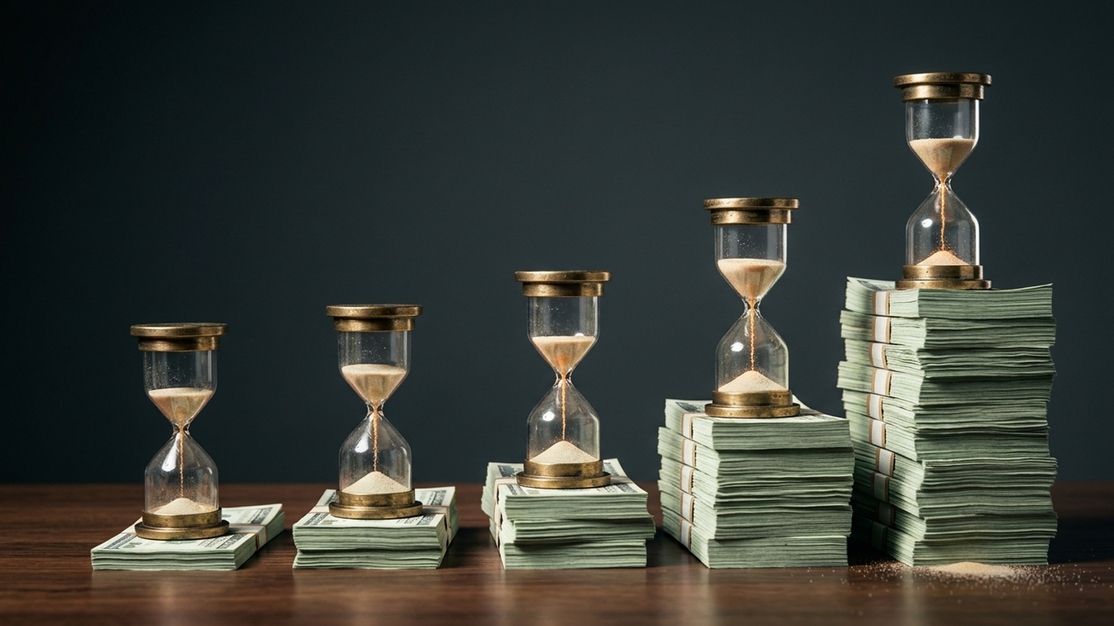 Five identical hourglasses sit on cash stacks that rise steeply left to right: the money grows while the time stays the same.