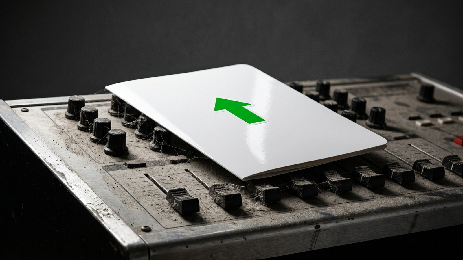 A shiny report folder with a green arrow rests on a control panel thick with dust, showing polished reporting atop controls nobody has touched.