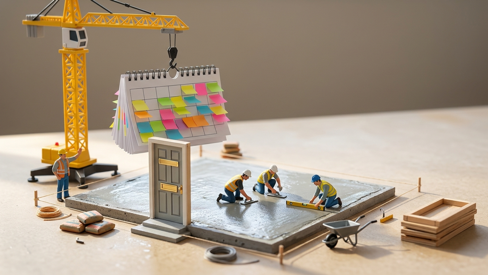 Tiny workers pour a house foundation while a toy crane dangles a giant content calendar overhead, waiting too early for its turn.