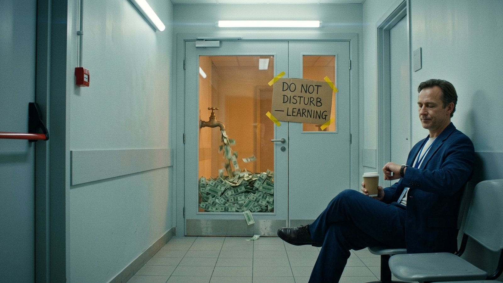 A man calmly sips coffee outside a room marked 'Do not disturb — learning' while a tap inside floods it with banknotes, waste protected by a label.