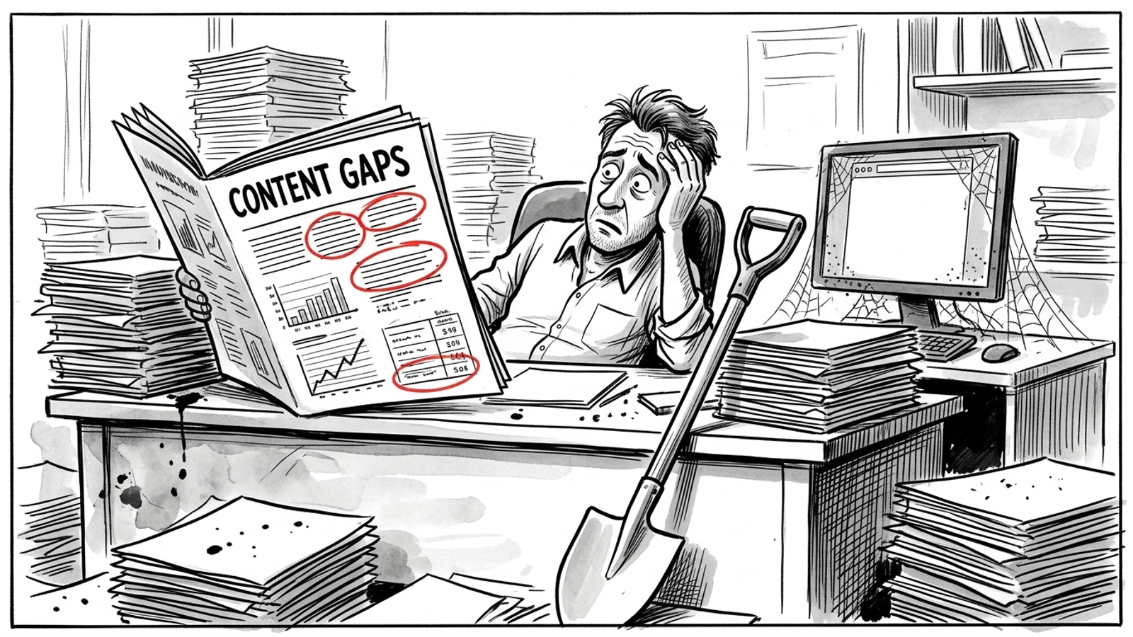 Marketer studying a gap report while the website page behind it remains blank