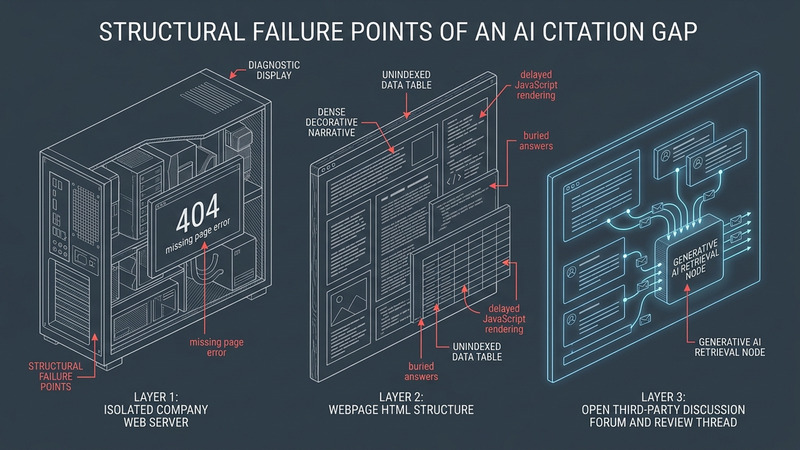 Cutaway showing three possible AI citation gaps: a missing page, a buried answer, and a third-party discussion.