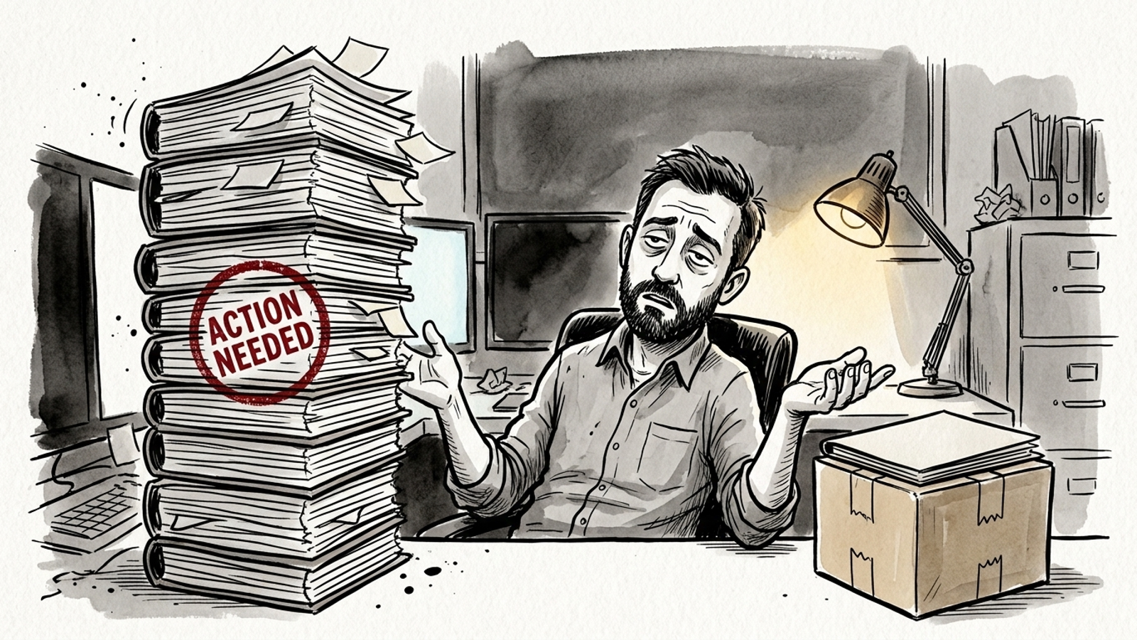 Account manager choosing between a stack of audit reports and a shipped package