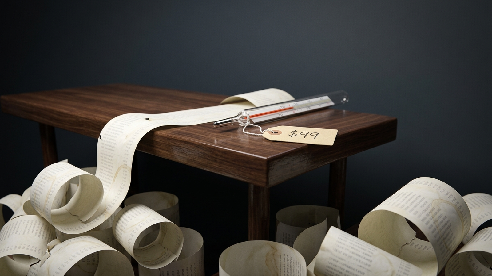 A thermometer with a $99 price tag sits on an endless receipt that spills off the table: the monitoring tool is cheap, the work it reveals is not.