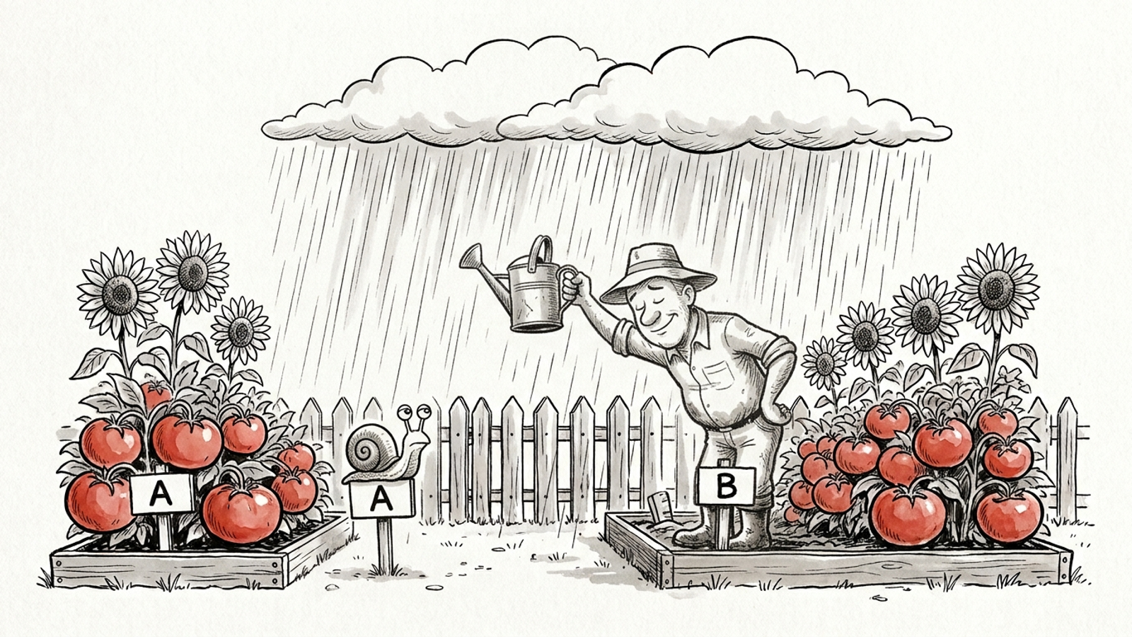 Cartoon gardener proudly credits his watering can for a lush bed, while rain falls on both beds and the untouched one beside it grew just as much.