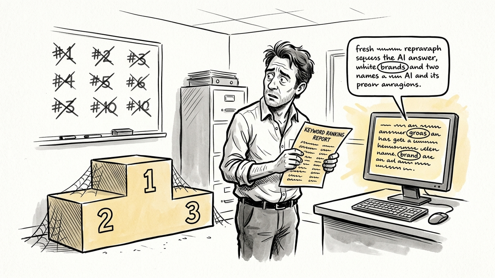 Cartoon of a marketer facing an empty ranking podium while a chatbot offers a chart of answers