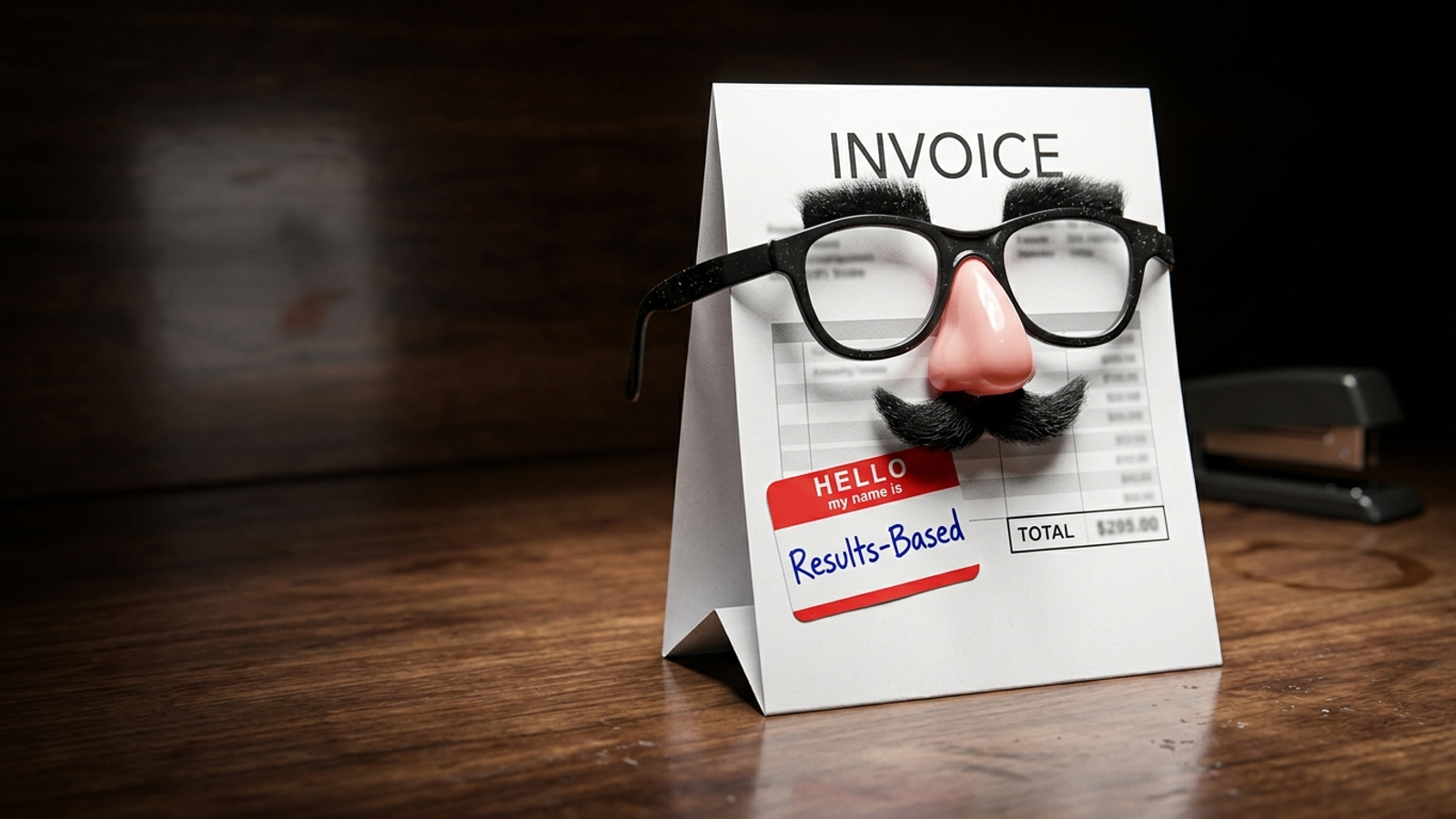 A standing paper invoice wears novelty nose-glasses and a 'Results-Based' name tag, a retainer bill thinly disguised as a performance deal.