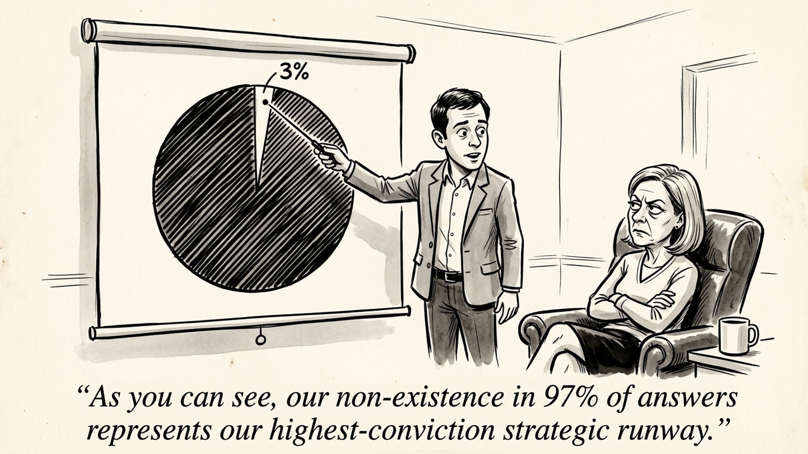 Pen-and-ink cartoon of a consultant pointing at a nearly blank pie chart labeled as a strategic runway.