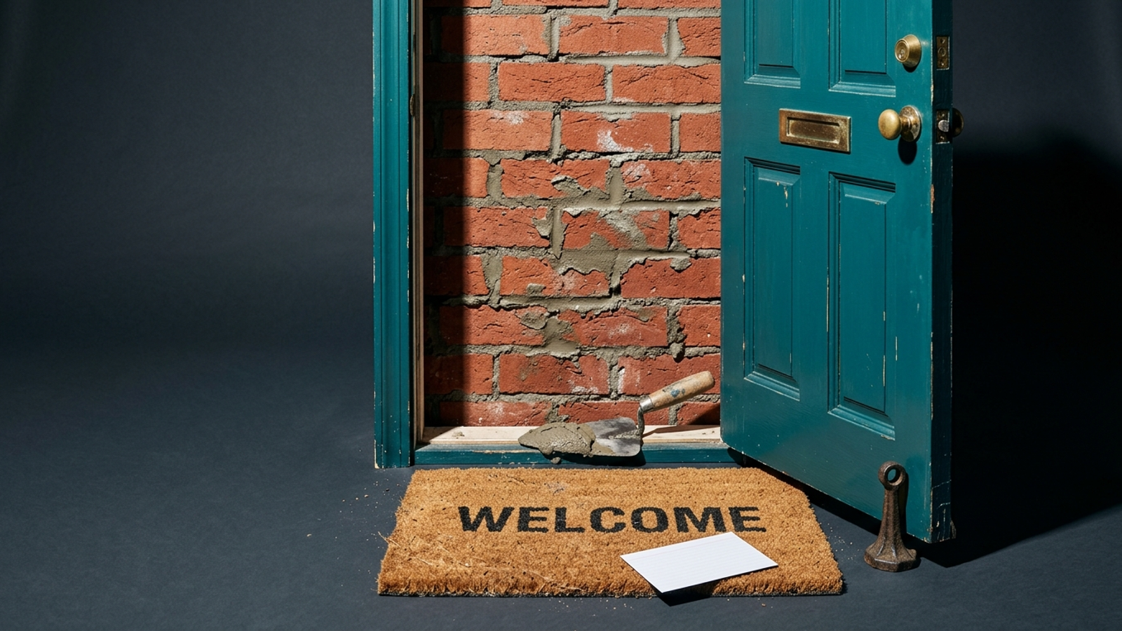 An open teal front door over a WELCOME mat is sealed by a fresh brick wall, showing a site that invites bots in yet still blocks them.