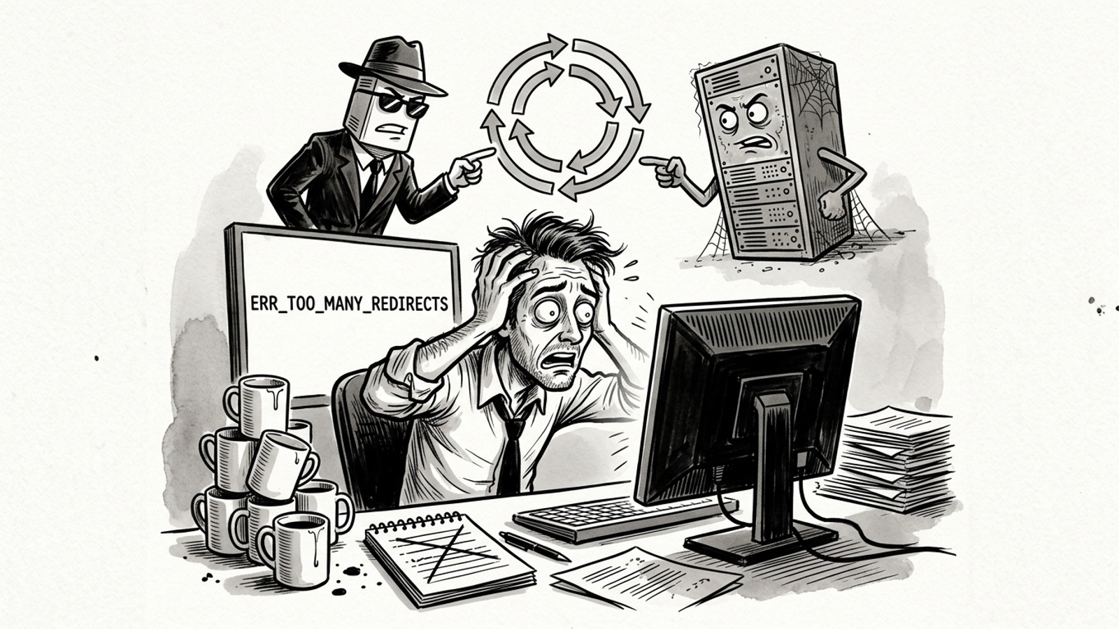 Ink cartoon of a marketer facing an ERR_TOO_MANY_REDIRECTS error while an edge proxy and origin server point fingers in a loop.