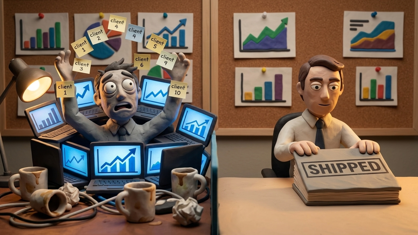 Clay figure drowning in identical client dashboards while another ships pages