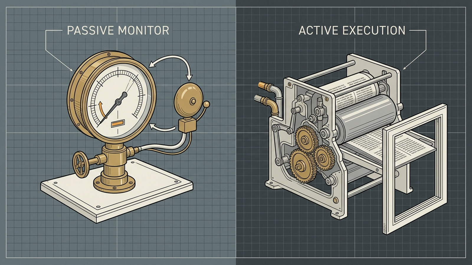 Diagram contrasting a dashboard that records missing citations with the work of updating pages and technical settings.
