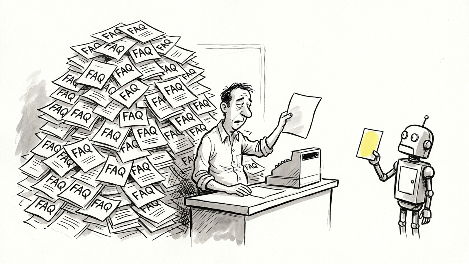 Ink cartoon of a business owner burying his page under FAQ papers while a robot ignores it