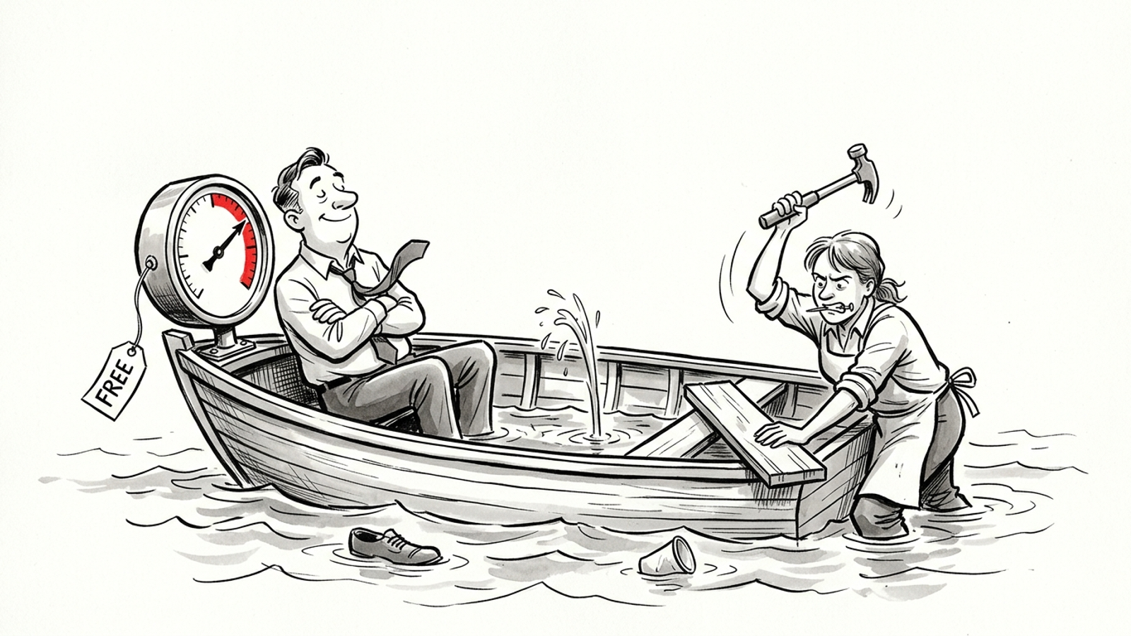 Cartoon: in a leaking rowboat one man admires a free gauge showing the water rising, while his partner hammers a patch over the hole.