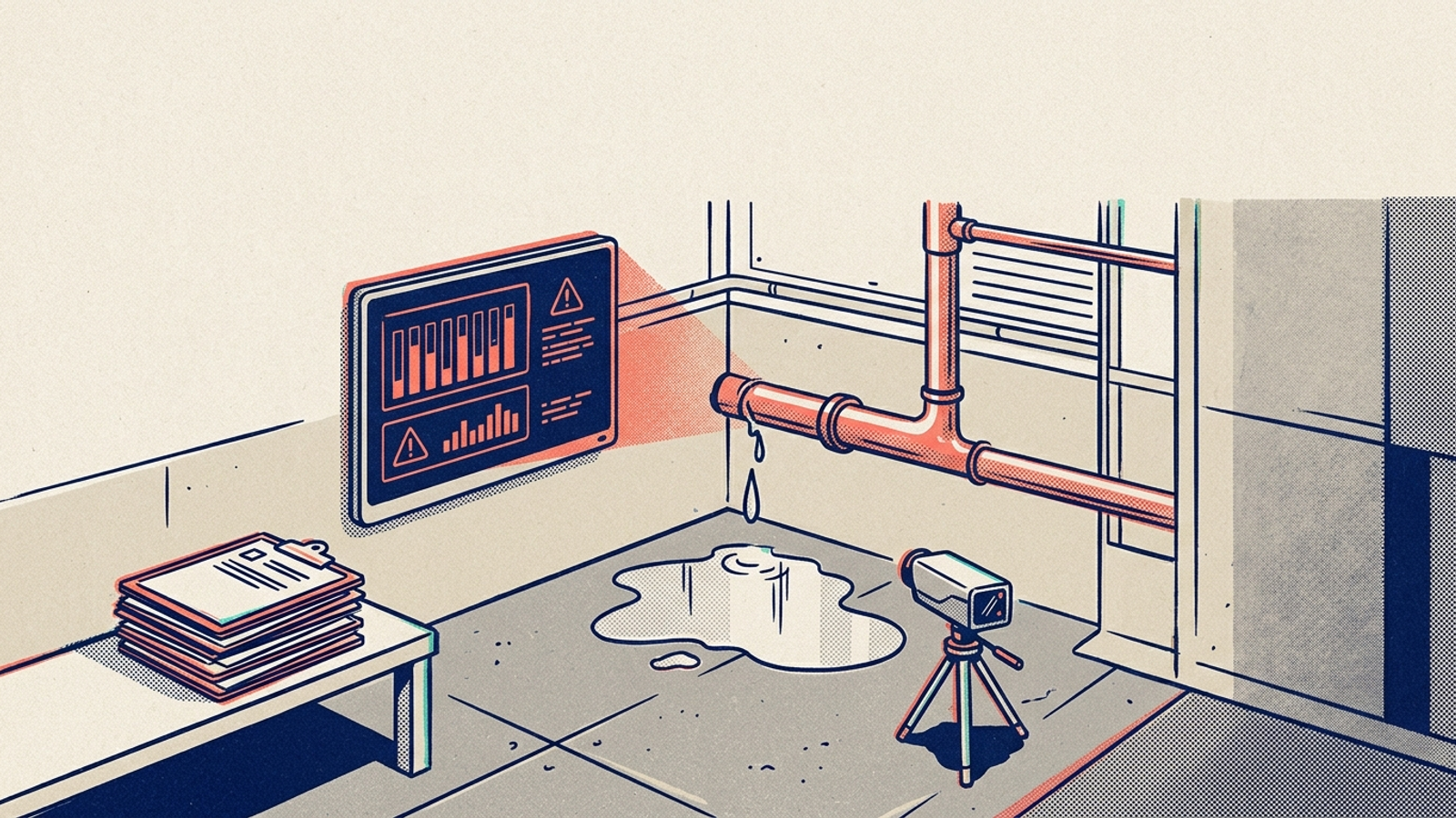 Illustration of a diagnostic screen filming a burst pipe while water floods the floor.