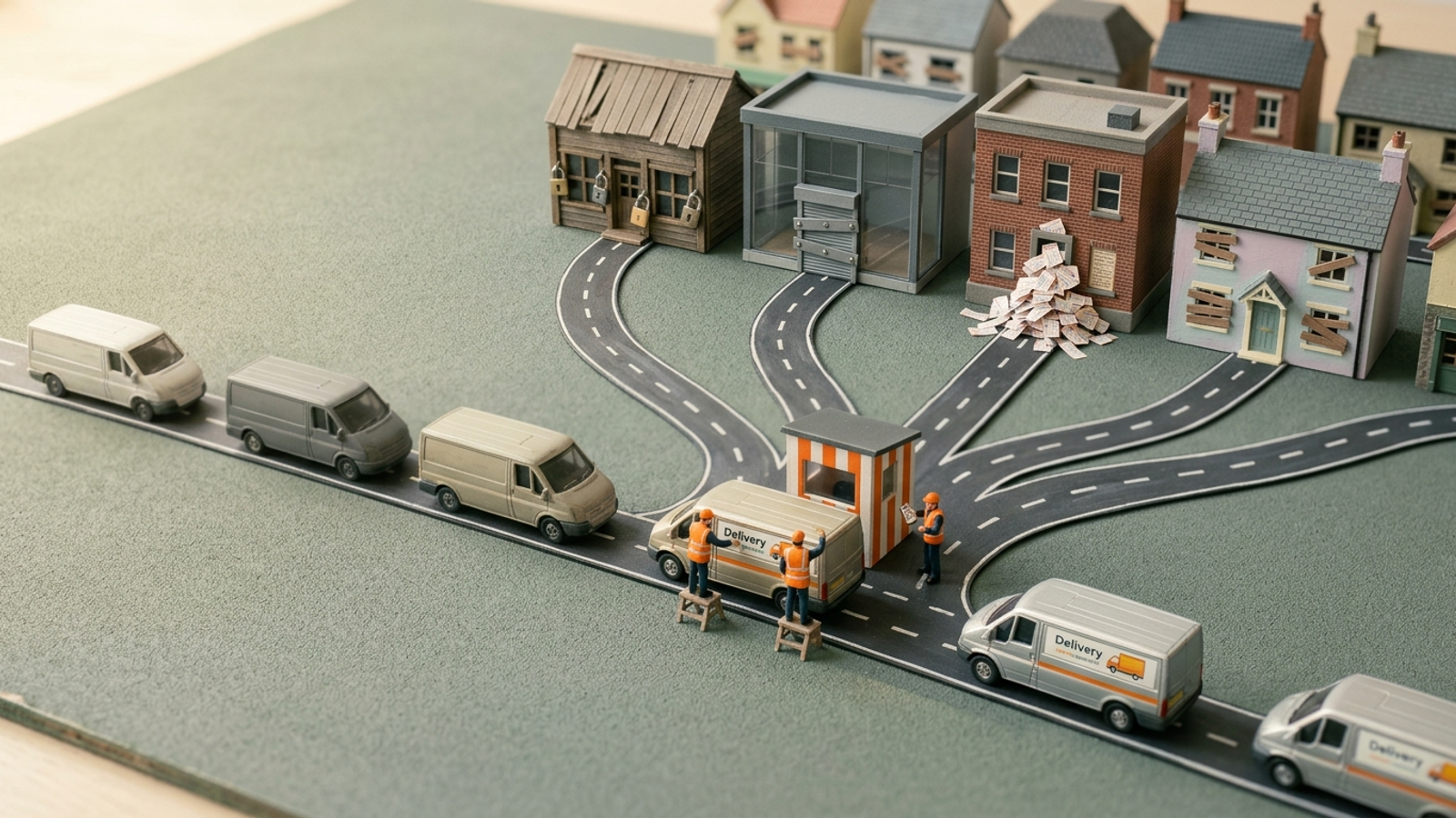 Model town: ten locked, mismatched buildings send roads through one checkpoint where tiny workers upgrade every passing van without entering a building.