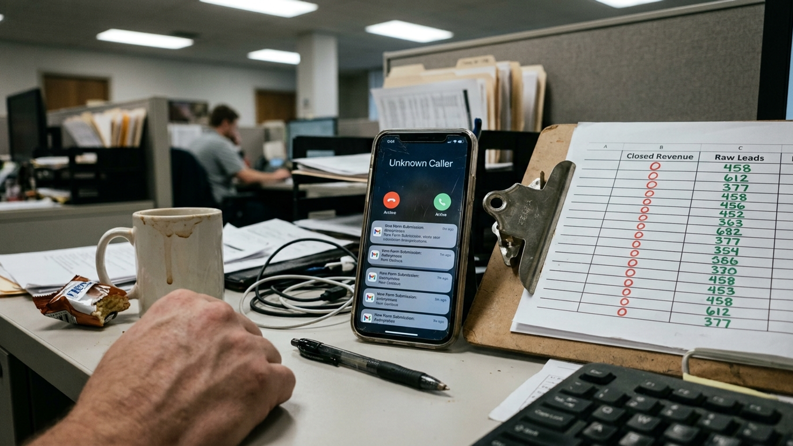 Phone showing spam calls and lead notifications beside an empty sales pipeline spreadsheet.