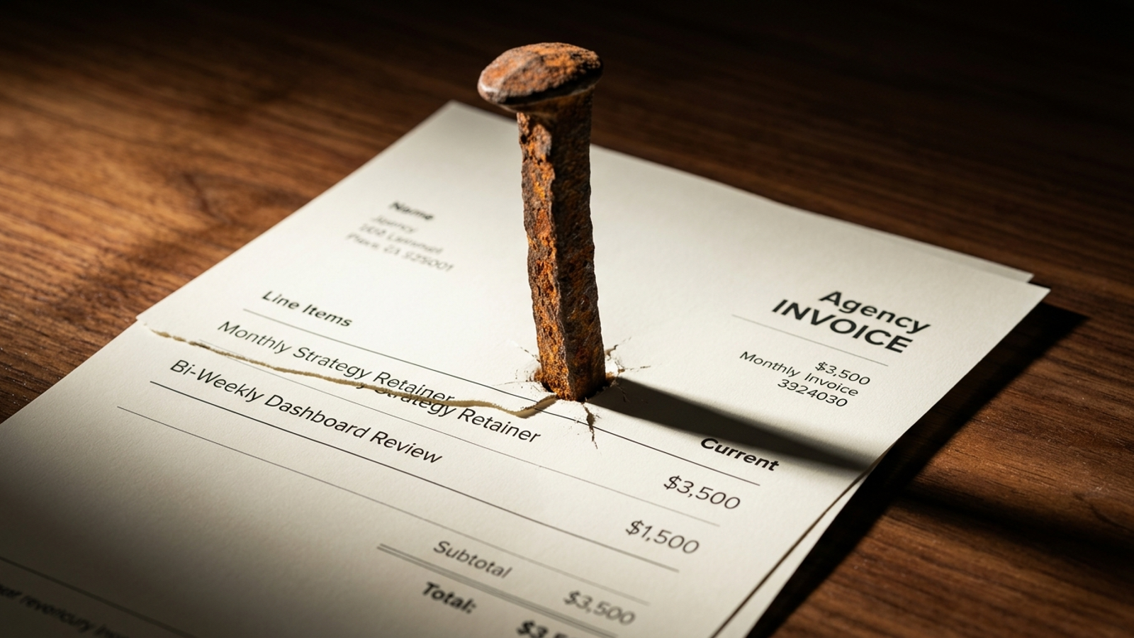 Studio still life of an agency retainer invoice pinned to a desk by a rusted iron spike.
