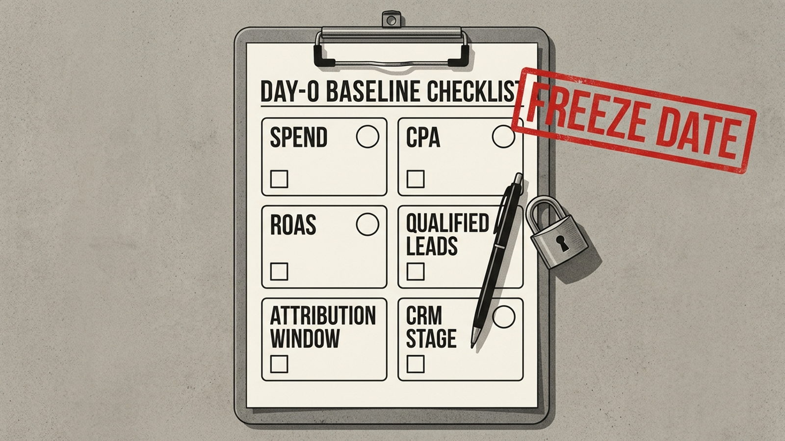 Checklist of dated baseline measures for spend, CPA, ROAS and qualified pipeline