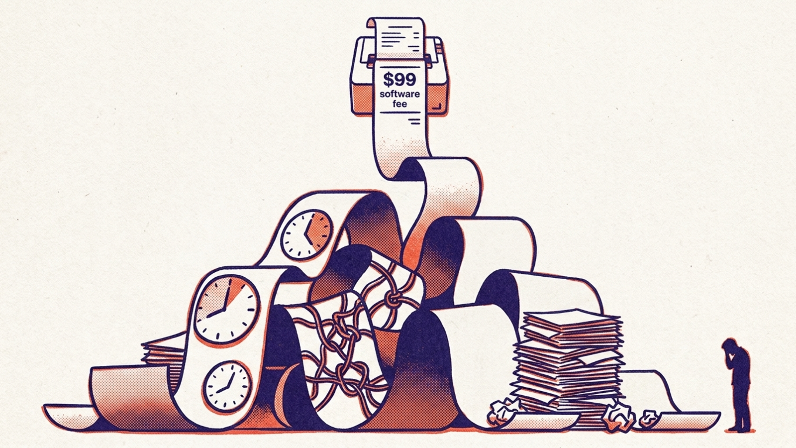 Illustration of a small software receipt unspooling into a tangle of manual labour costs.
