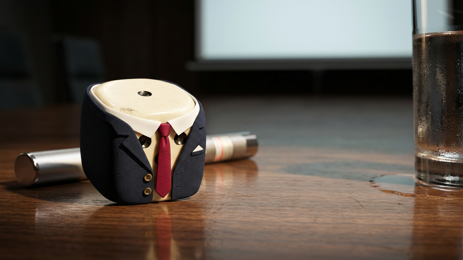 A single die in a tiny navy suit and red tie stands on a boardroom table like an executive, mocking chance results presented as authoritative metrics.