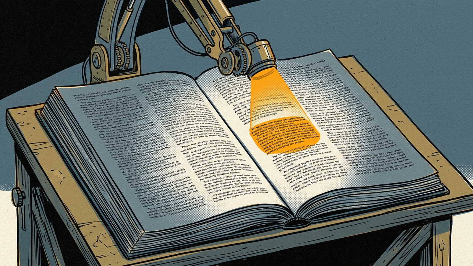 A mechanical text scanner highlights one paragraph in an open book.