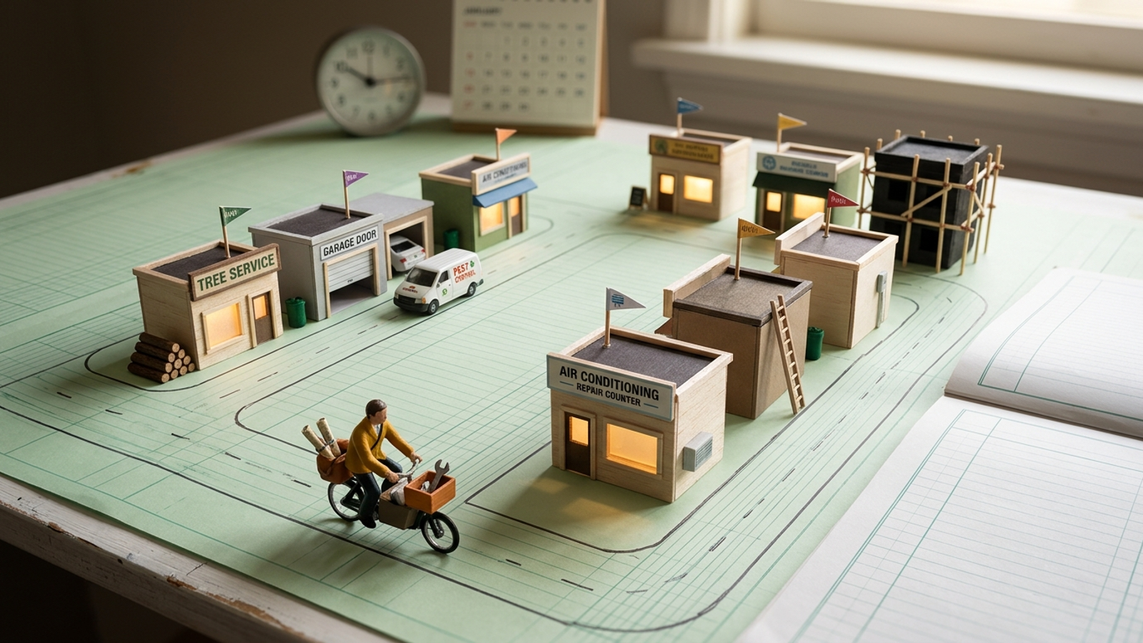 Tiny model town on ledger paper: one account manager on a cargo bike loops past ten shops, some lit and live, one still under scaffolding.