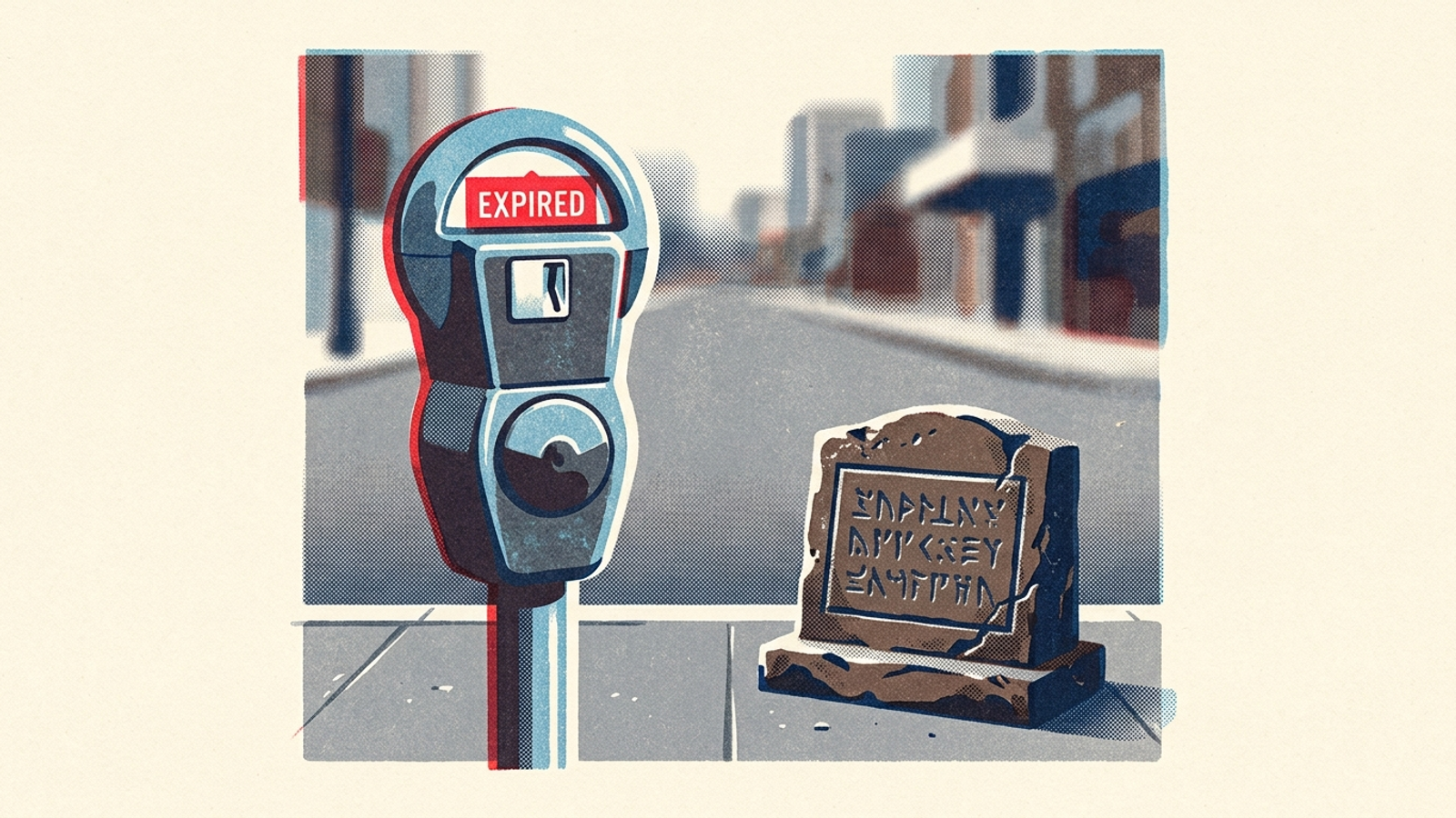An expired parking meter beside a standing stone plaque