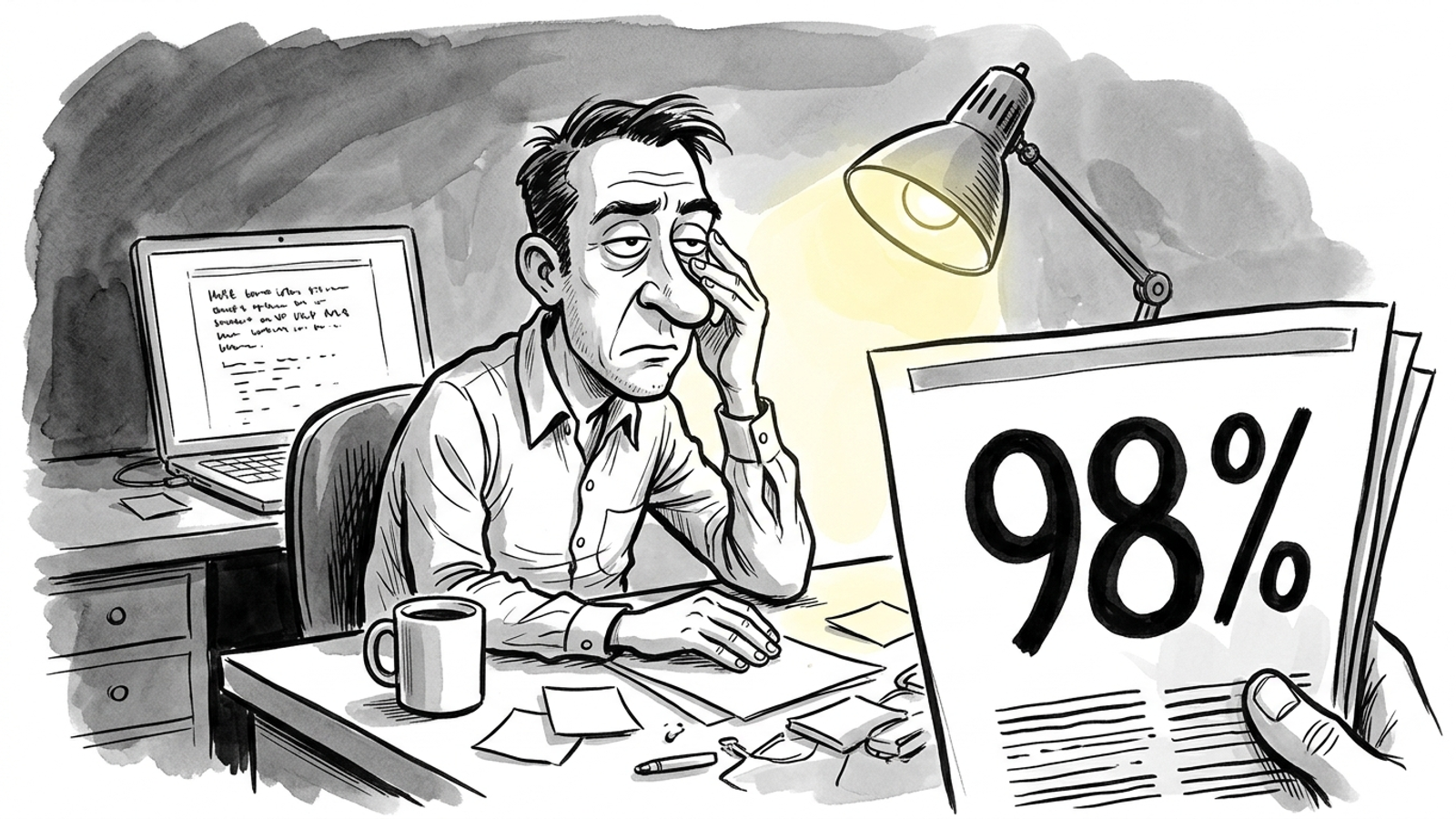 Ink cartoon of a marketer staring at a single AI answer printed as a 98% score