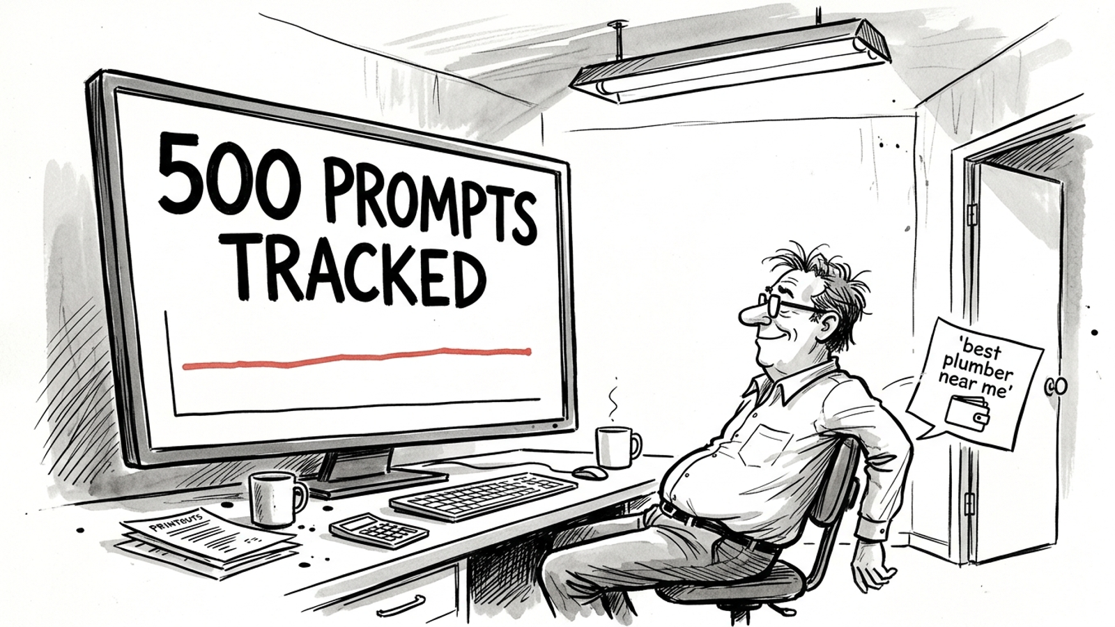 Ink cartoon of a marketer admiring a 500-prompt dashboard while a buyer question runs away