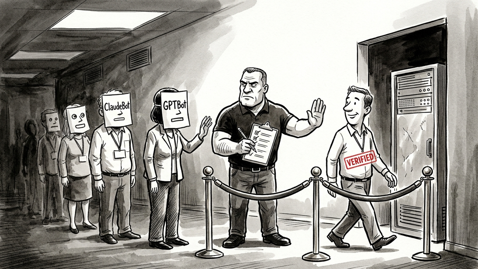 Cartoon bouncer checking IDs at a server rack while costumed scrapers wait behind
