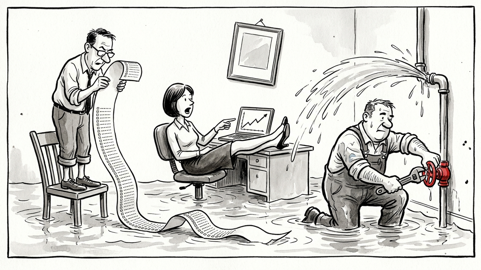 Cartoon of a flooded office: one man reads a huge leak report, another watches a chart, while a plumber quietly shuts the valve.