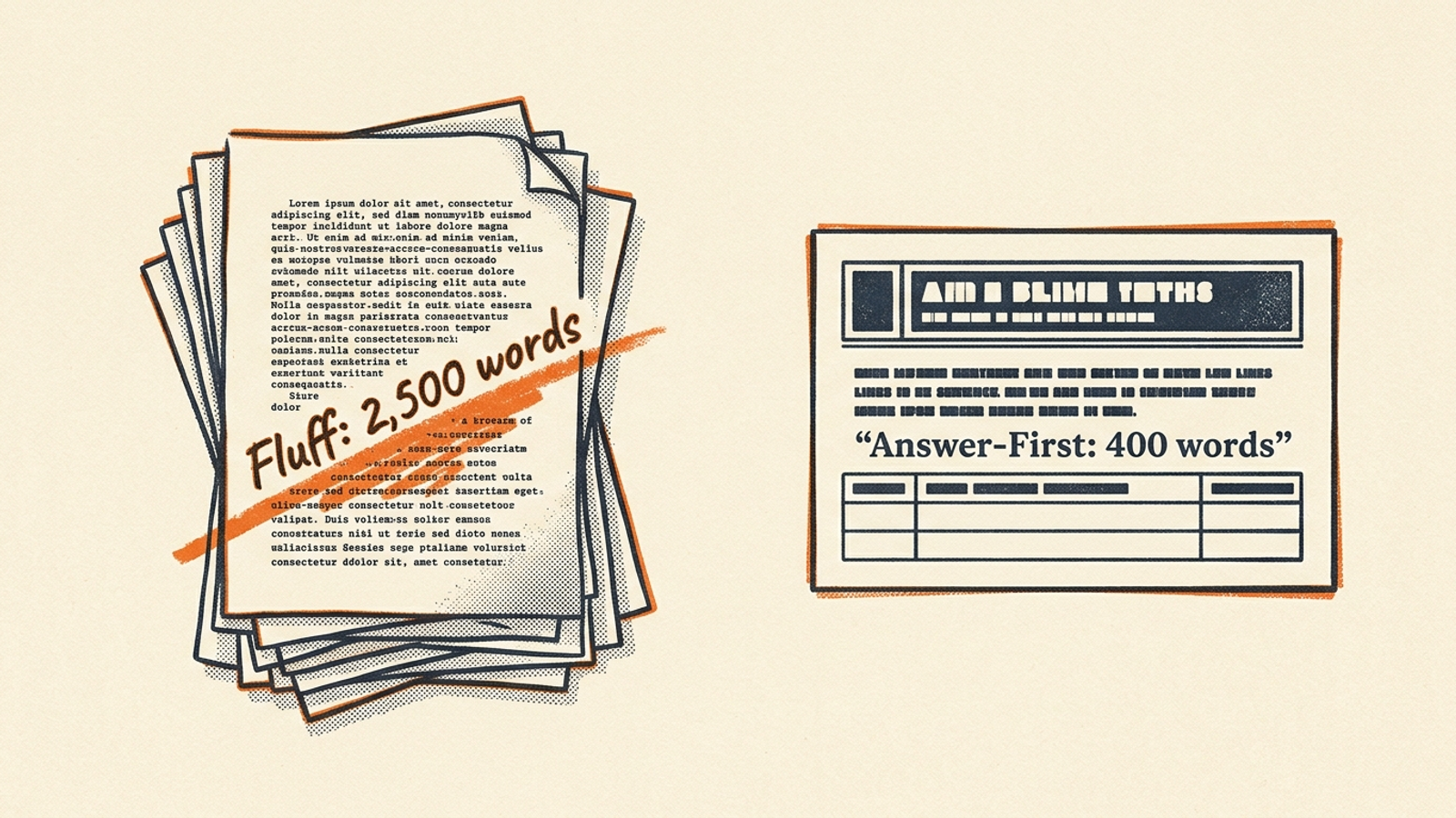 A bloated text draft beside a concise, structured answer card.