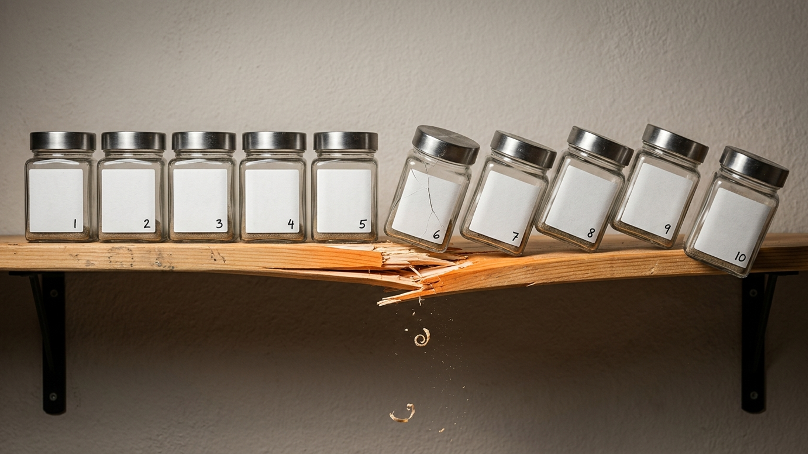 Ten identical white-labelled jars on a shelf that has cracked under jar six, the later jars tipping: the same offer repeated until it breaks.