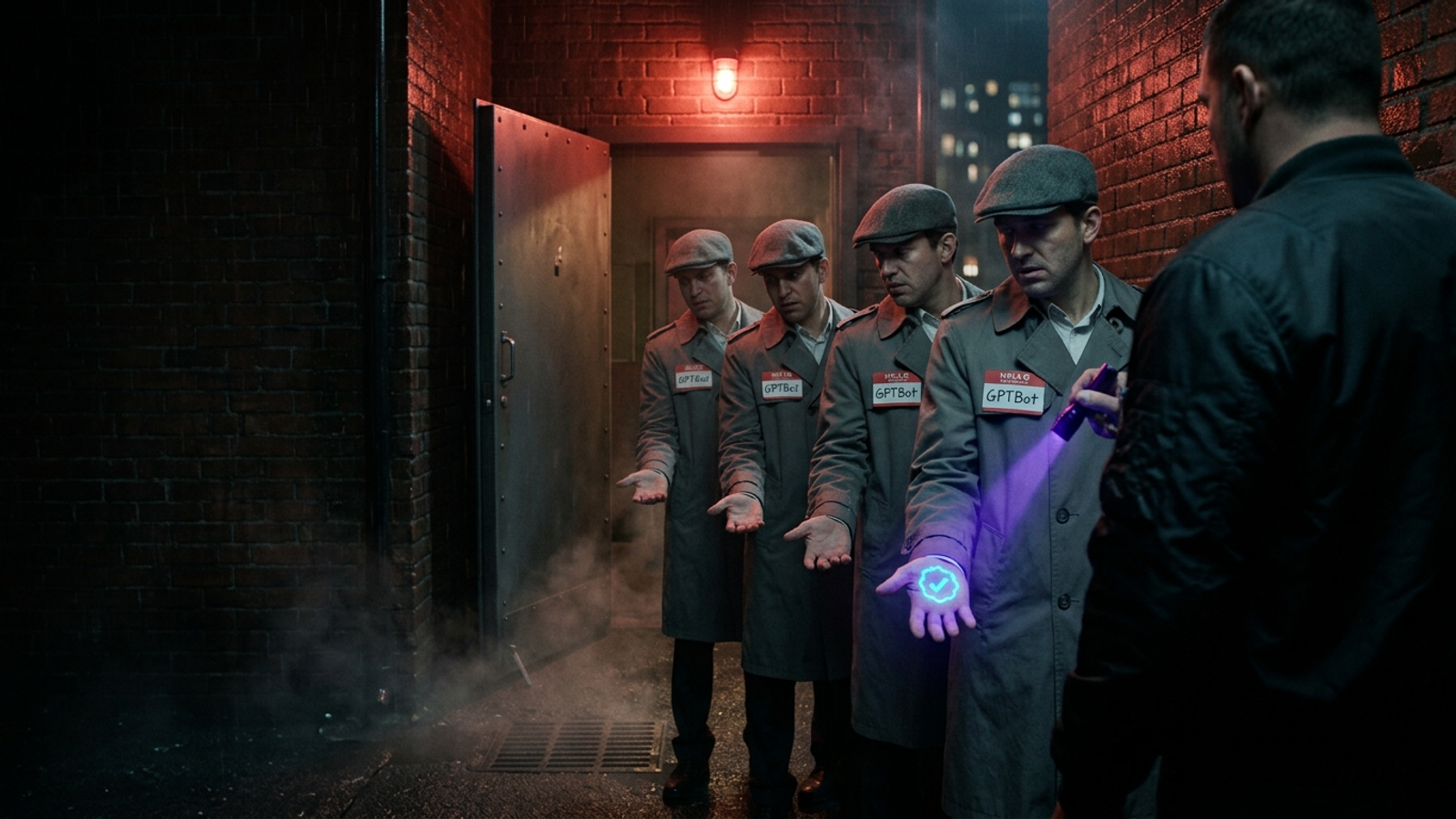 A bouncer's UV torch checks four look-alikes all wearing 'GPTBot' name tags; only one hand shows a glowing stamp, so three of four claims are fake.