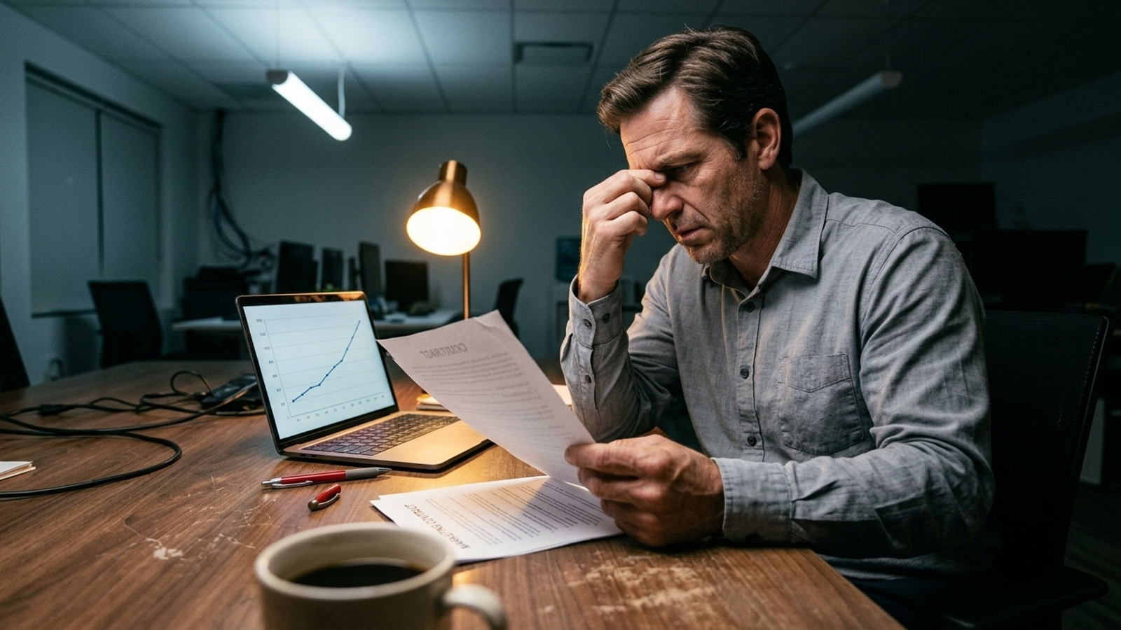 A business owner reviewing an agency contract under office lighting.