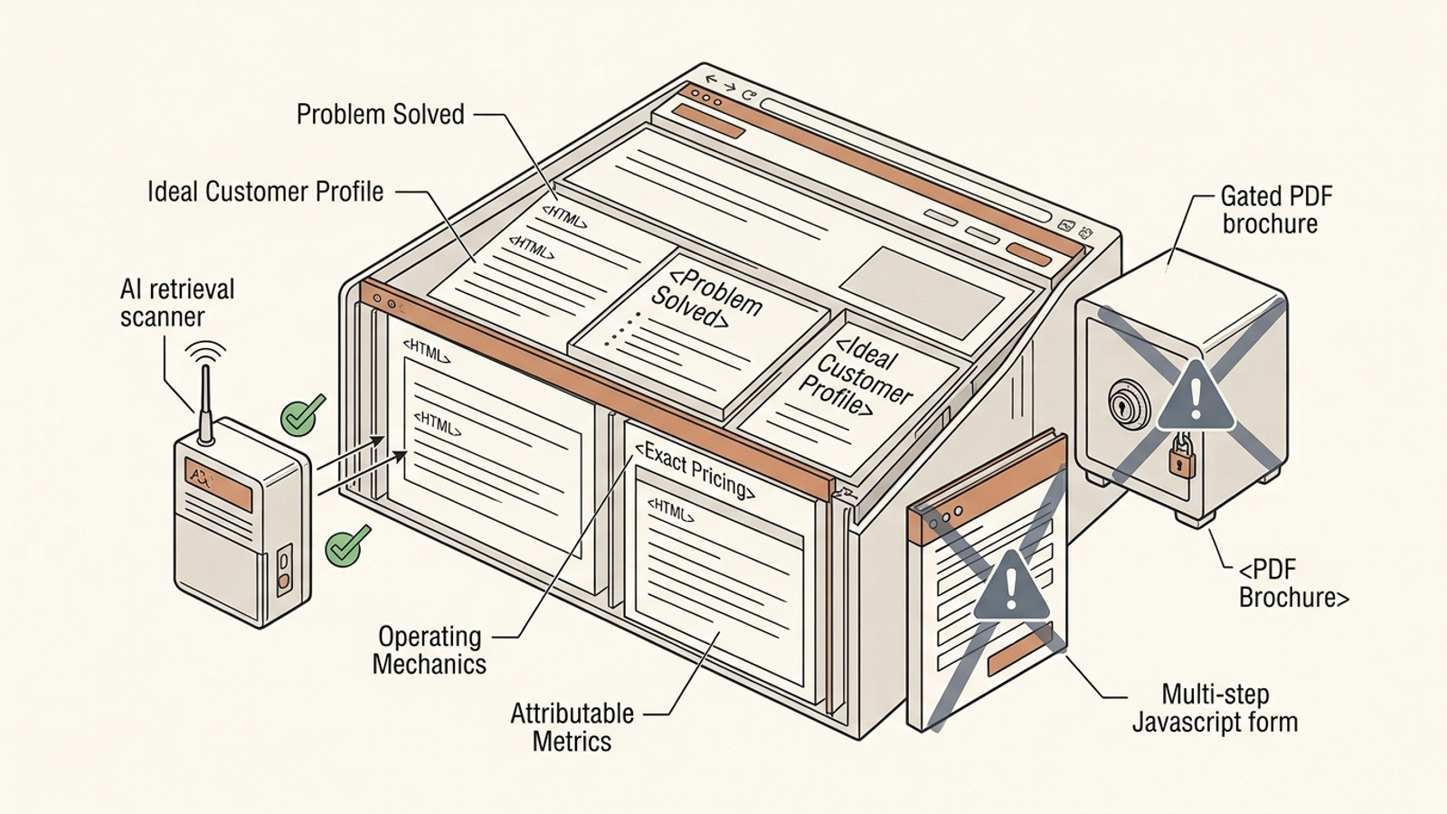 Cutaway of a homepage with readable commercial facts beside a gated form that hides them.