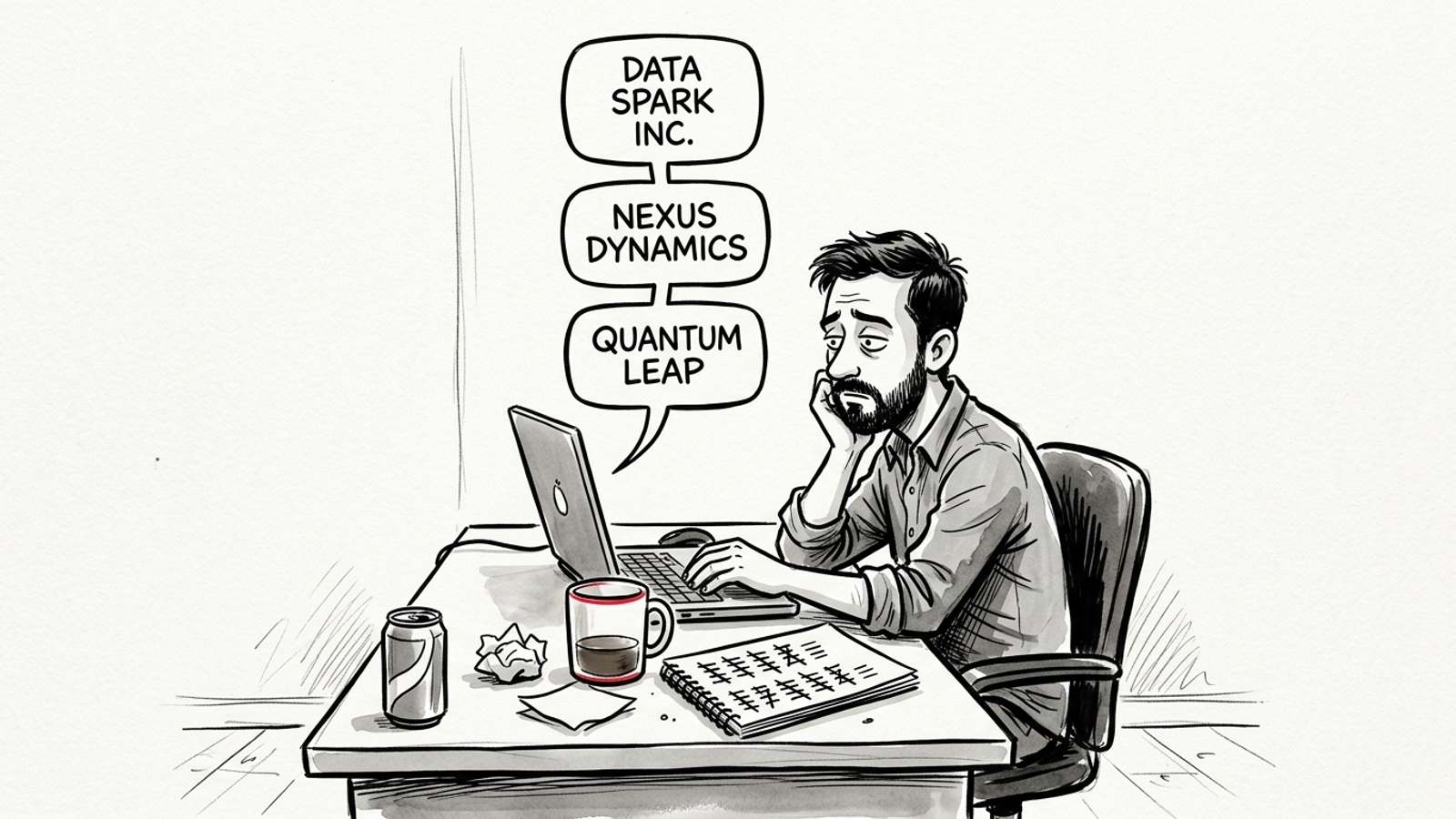 Pen-and-ink cartoon of a marketer asking a chatbot the same question three times and seeing three different cited sources