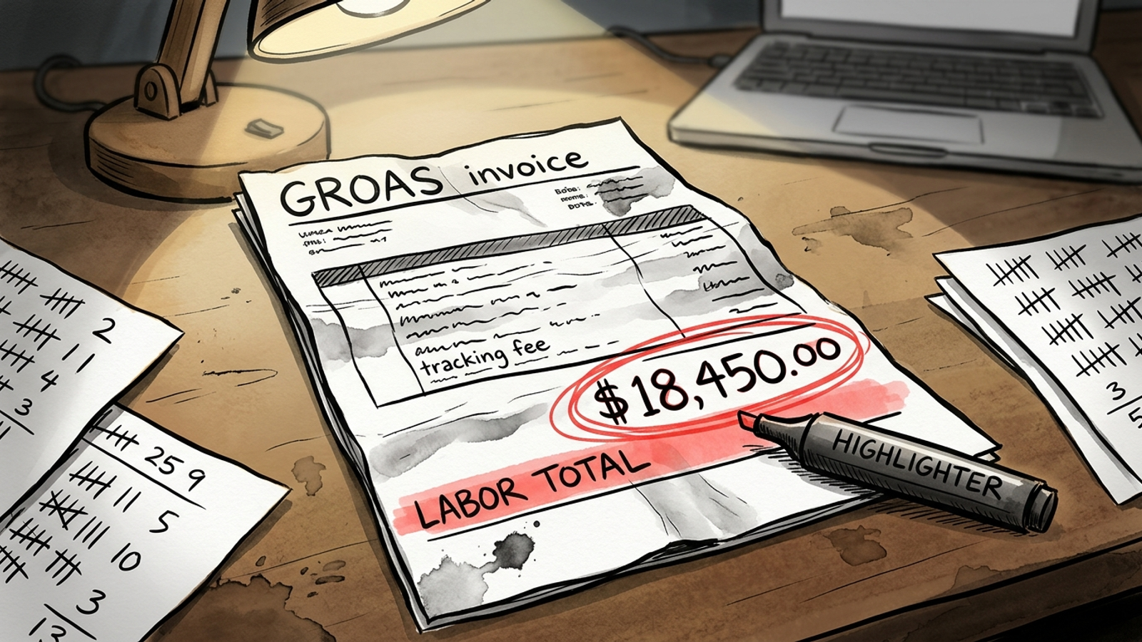 An invoice with a small tracking fee beside a much larger labor bill for ten clients
