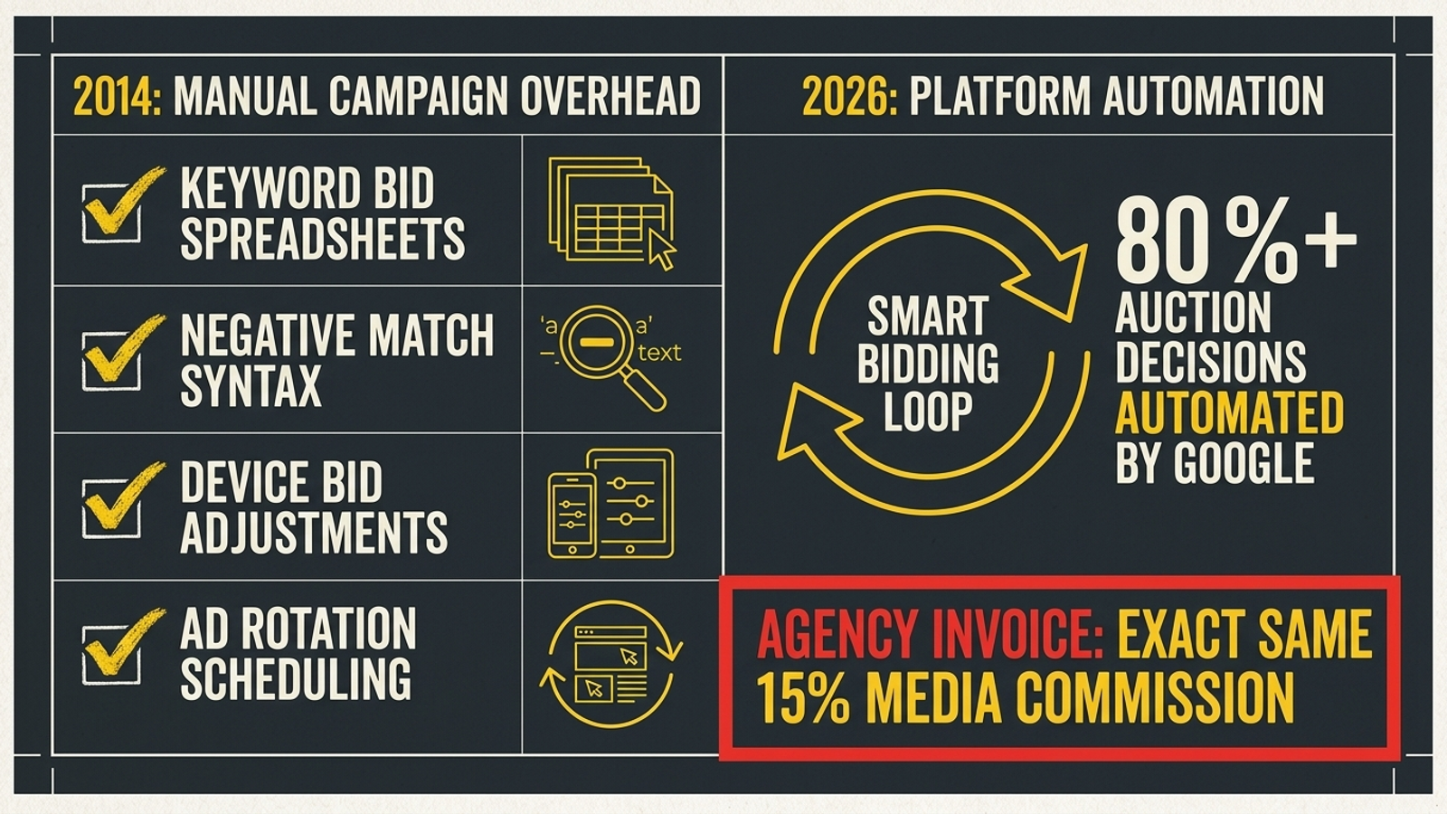 Legacy manual campaign tasks beside automated bidding and placement work.