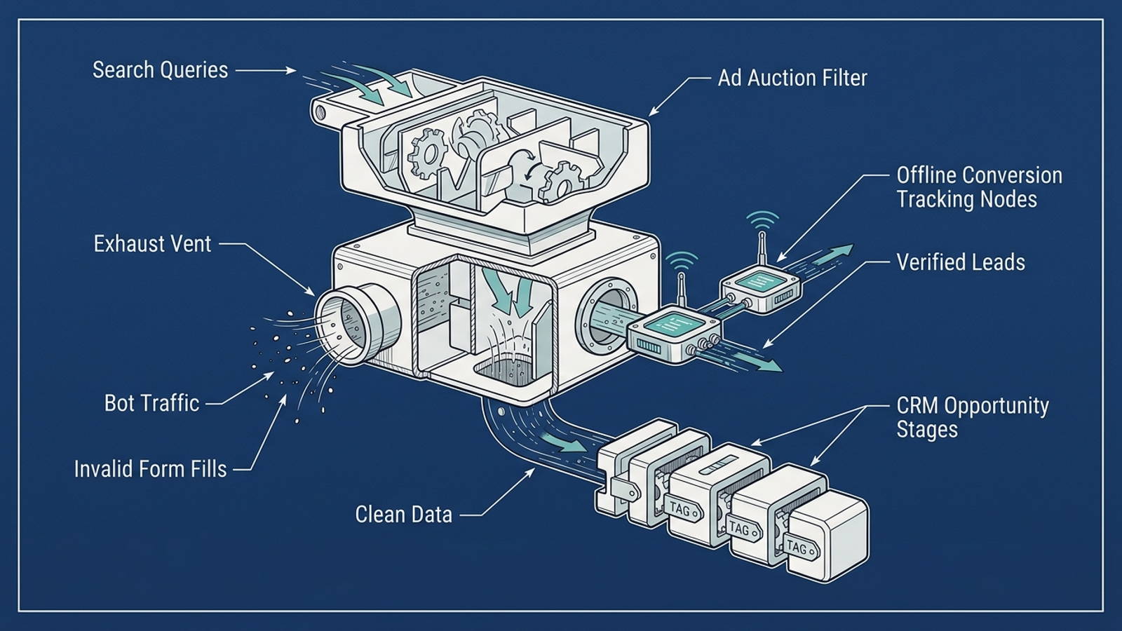 Diagram connecting ad clicks to validated CRM sales stages.