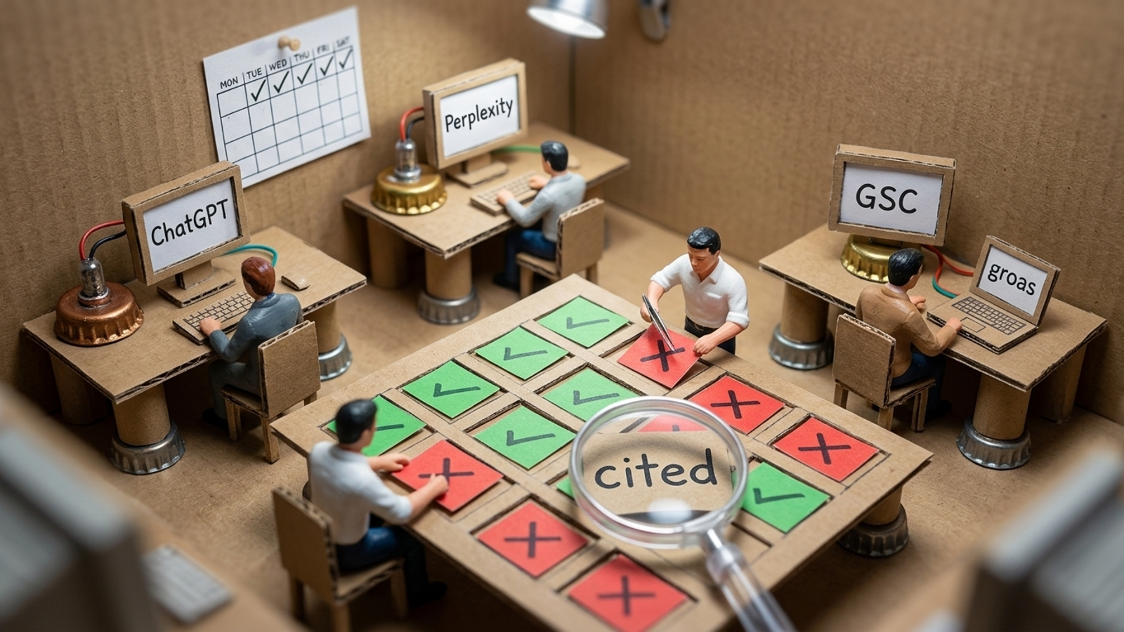 Miniature control room logging ChatGPT and Perplexity answers in a spreadsheet