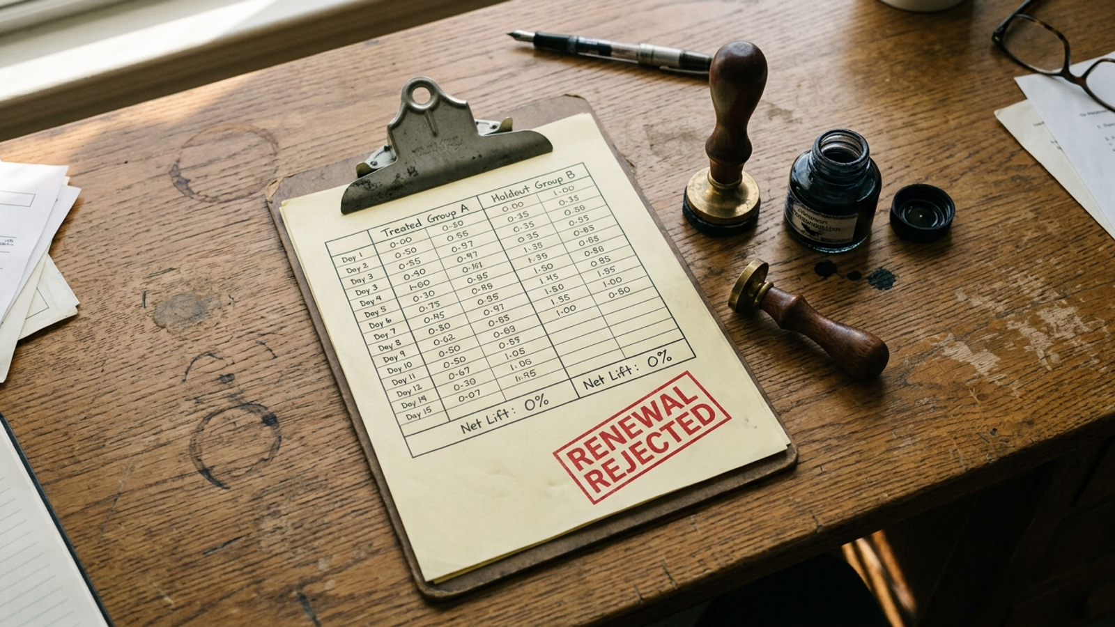 Laboratory clipboard holding a handwritten holdout results sheet beside a red cancellation stamp.